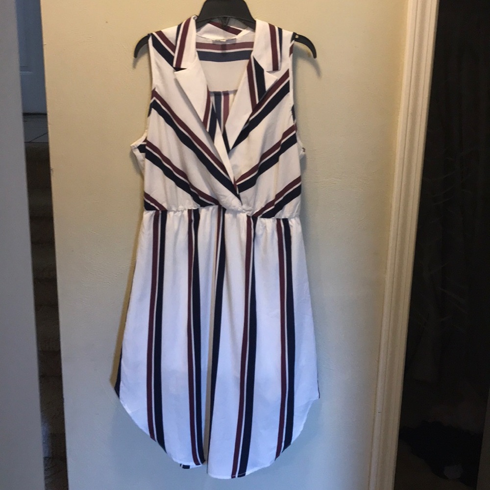 Charlotte Russe White Midi Dress with Navy and Burgundy Stripes